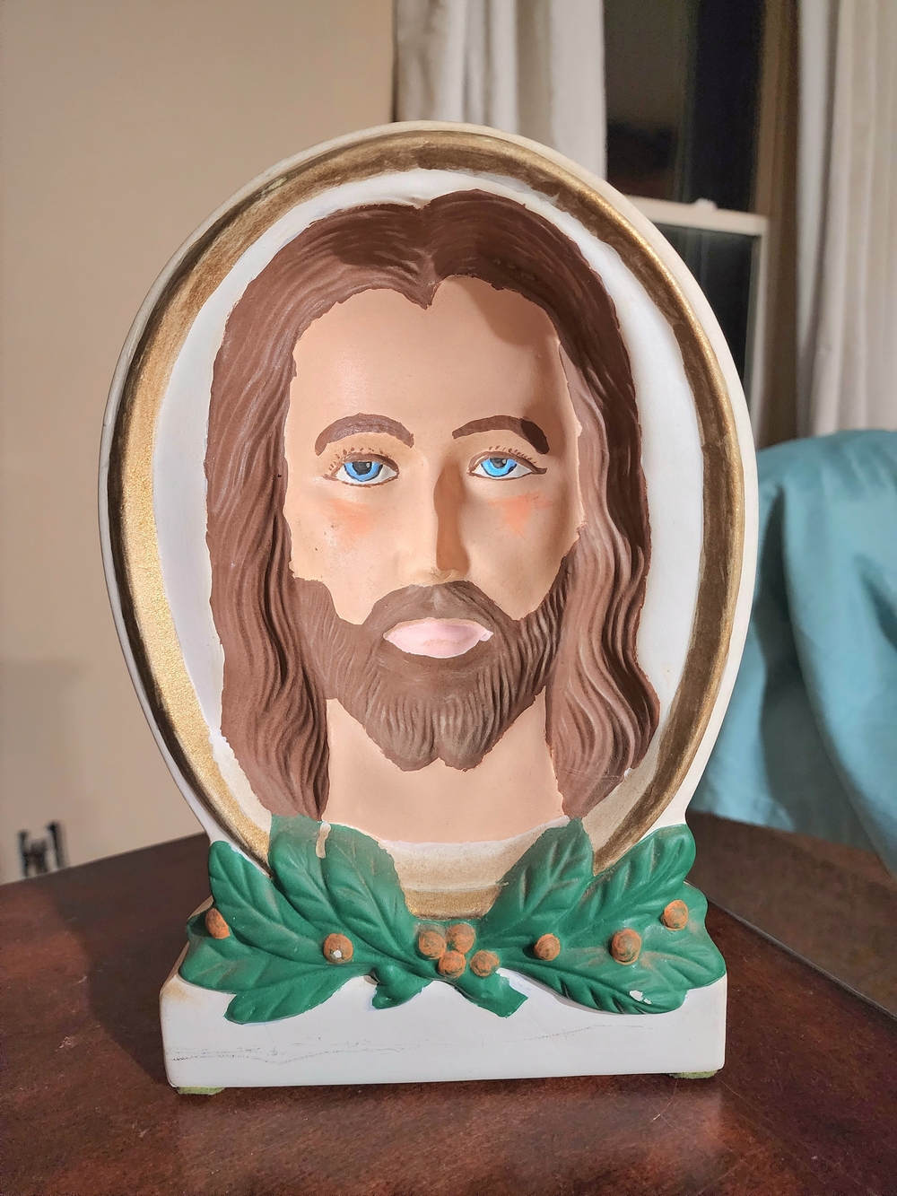 1983 Wonder Art Ceramic Jesus Bust with Green Laurel